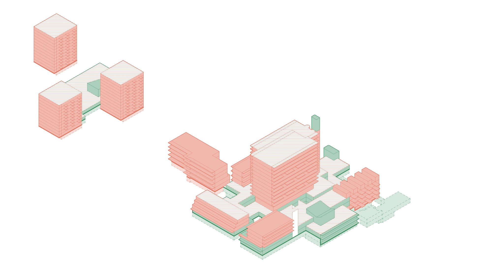 Rot: Wohnbereiche; Grün: Gewerbe; Schraffur: gemeinschaftliche Bereiche